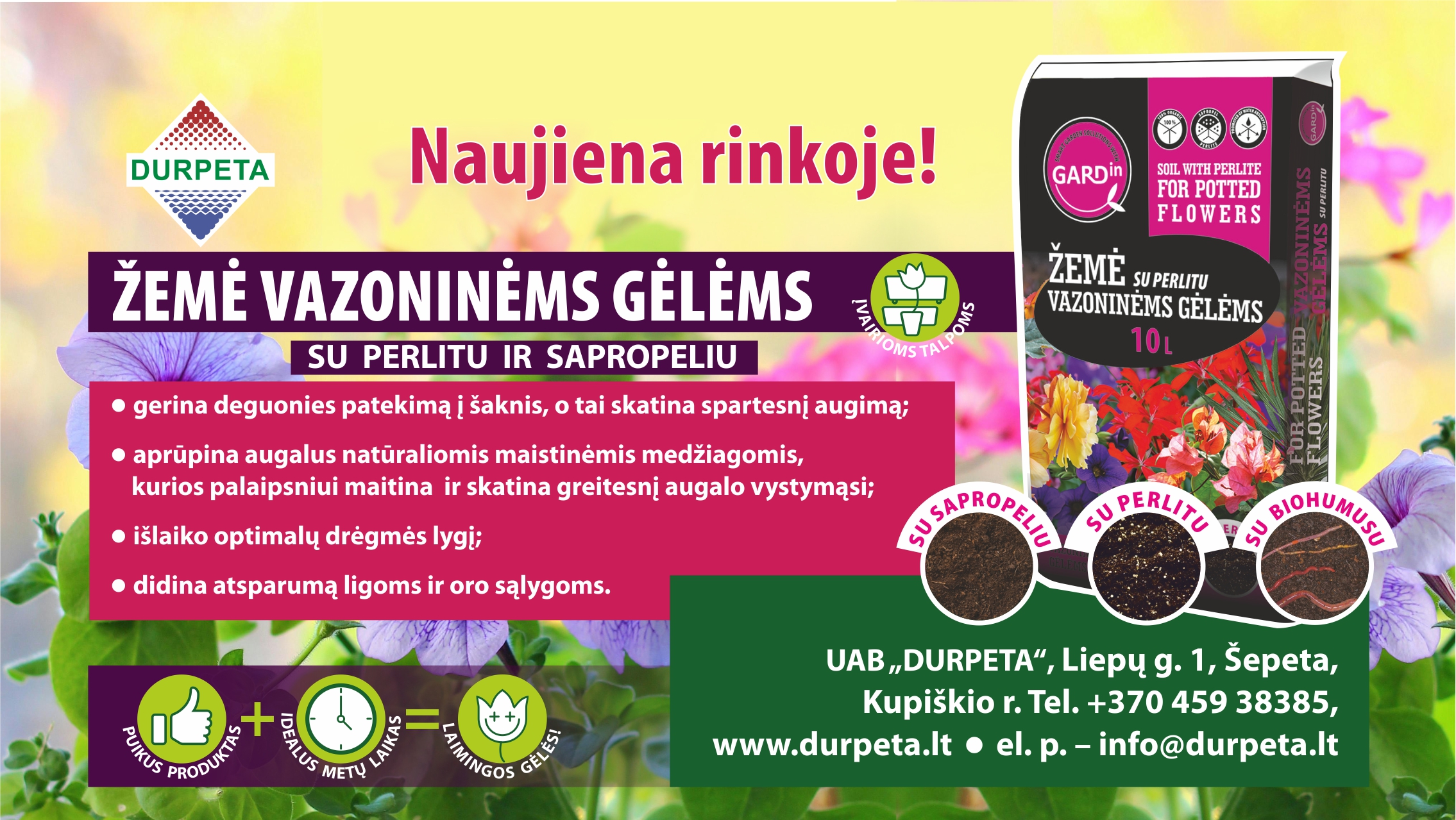 GARDIN žemė vazoninėms gėlėms su perlitu, sapropeliu ir biohumusu